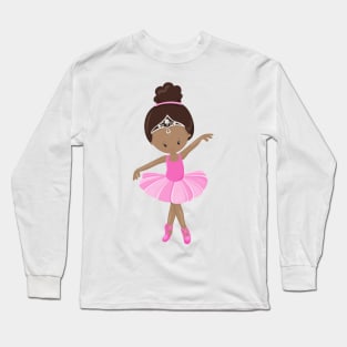 African American Ballerina, Pink Tutu, Ballet Girl Long Sleeve T-Shirt